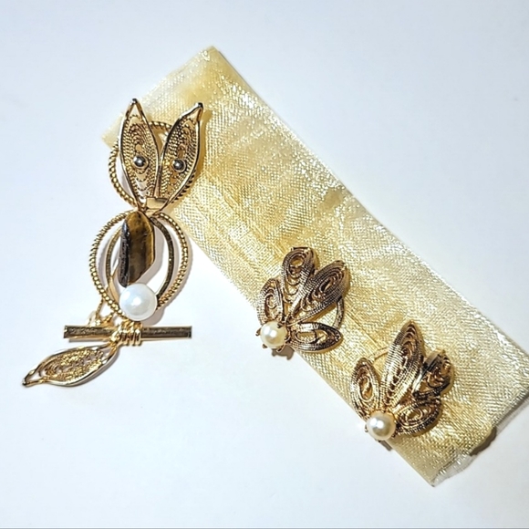 TIGER'S EYE FILIGREE OWL BROOCH with GENUINE PEARL - BONUS EARRINGS - Picture 1 of 8